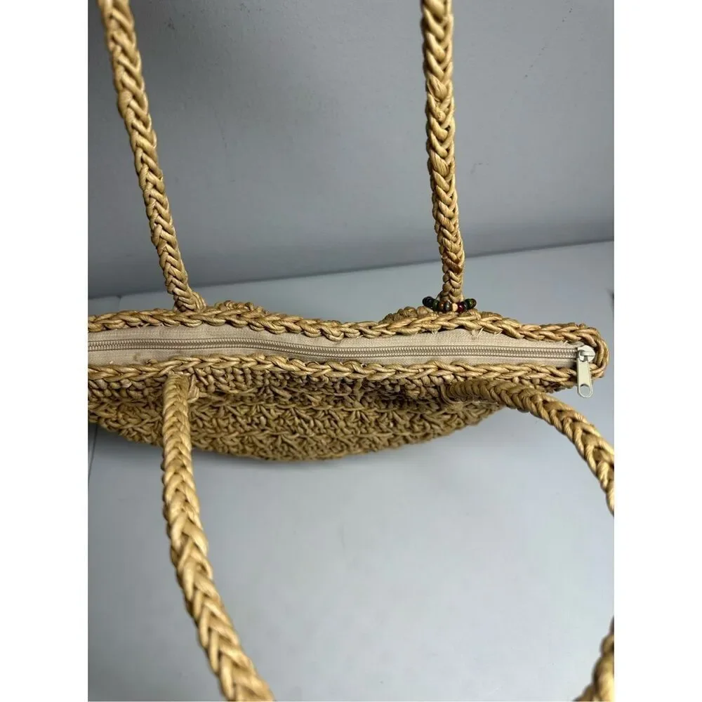 Vintage Cappelli Straworld Inc Large Tote With Safari Animal Wood Beads Notes
